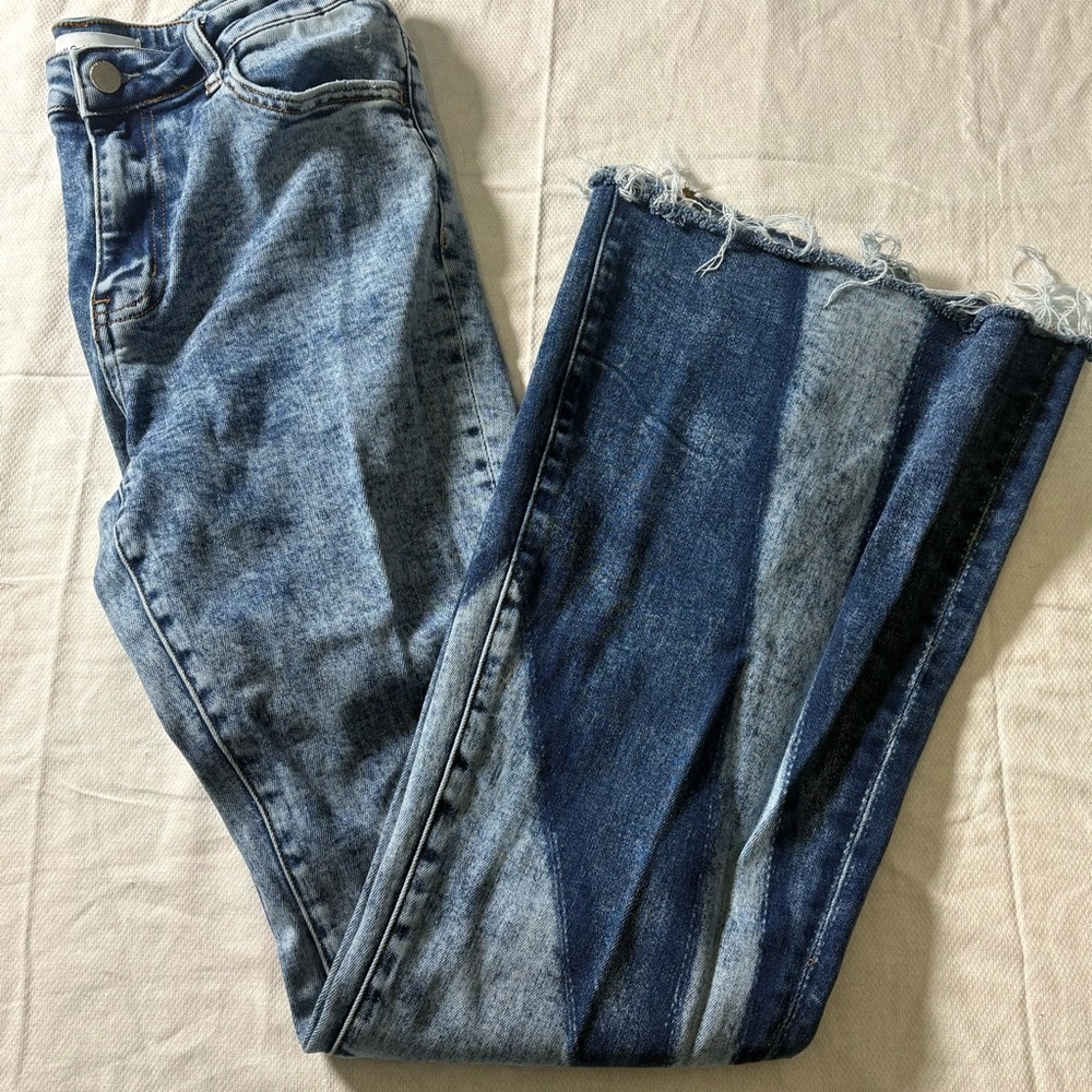 Flying Monkey Two Tone Chevron Flare Jeans Y2K Colorblock Raw Hem 28 - Picture 11 of 14